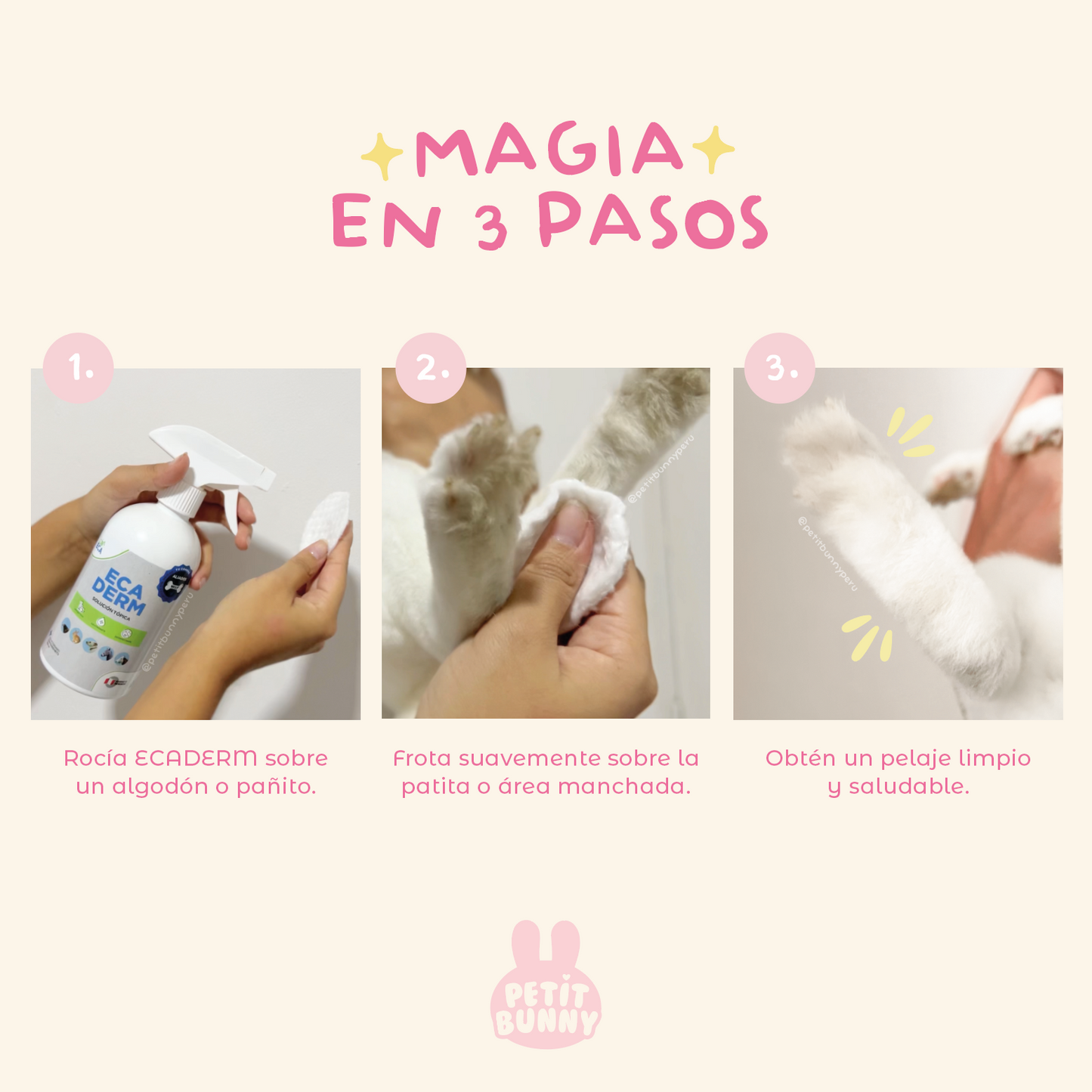 Ecaderm spray 500ml para tratar hongos irritaciones y patas sucias en conejos, perros, gatos, aves y pequeñas mascotas en Perú.